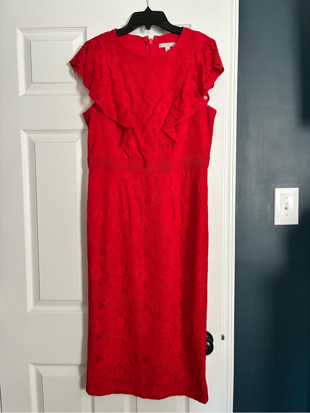 New York & Company Red Lace Midi Dress with Ruffle Detail